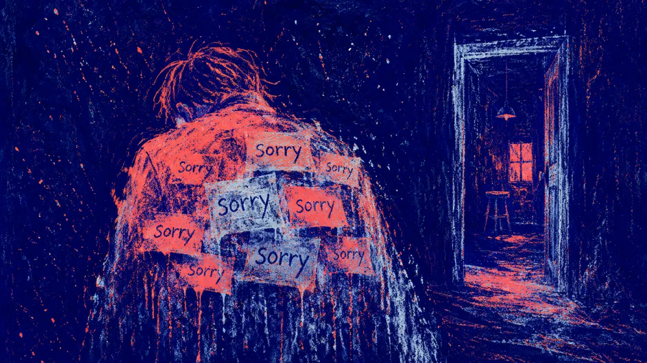 A figure with rounded shoulders under apology notes, fading at the edges as a doorway loops into the same room.