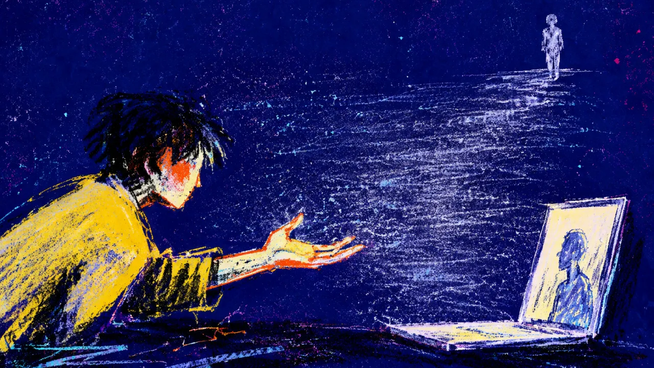 A seated figure reaches one open palm toward a laptop as a silver gap widens before a distant silhouette.
