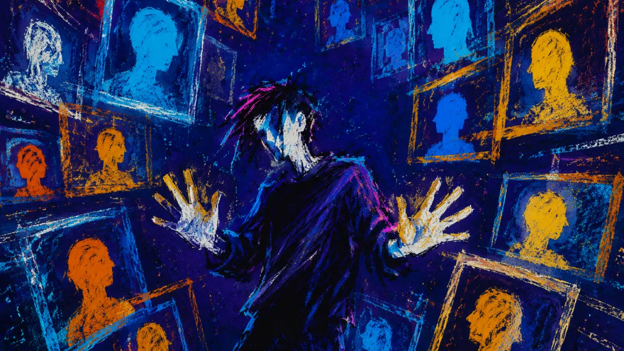 A figure with open palms amid profile frames encroaching from every side, cyan screen-light narrowing the indigo space.