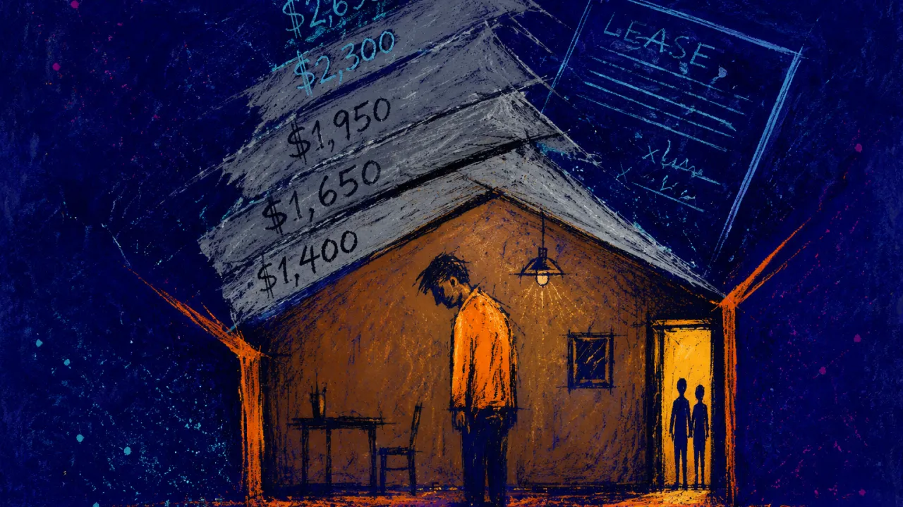 Lease Lines Closing In A solitary figure with lowered shoulders as rent figures and lease lines narrow an apartment outline toward a shared doorway