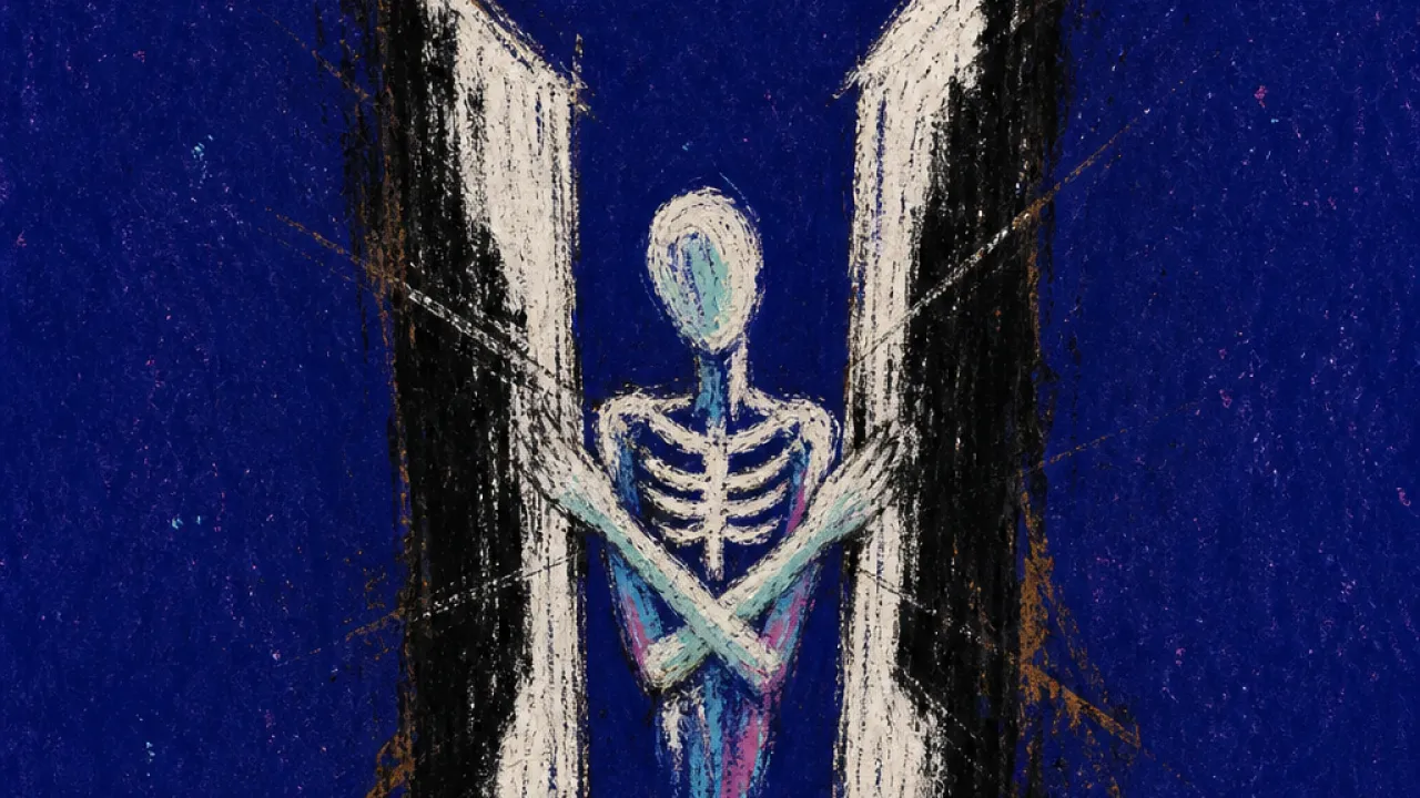 A solitary figure pressed between two black-and-white doorframes, unseen hands narrowing the corridor into two exits