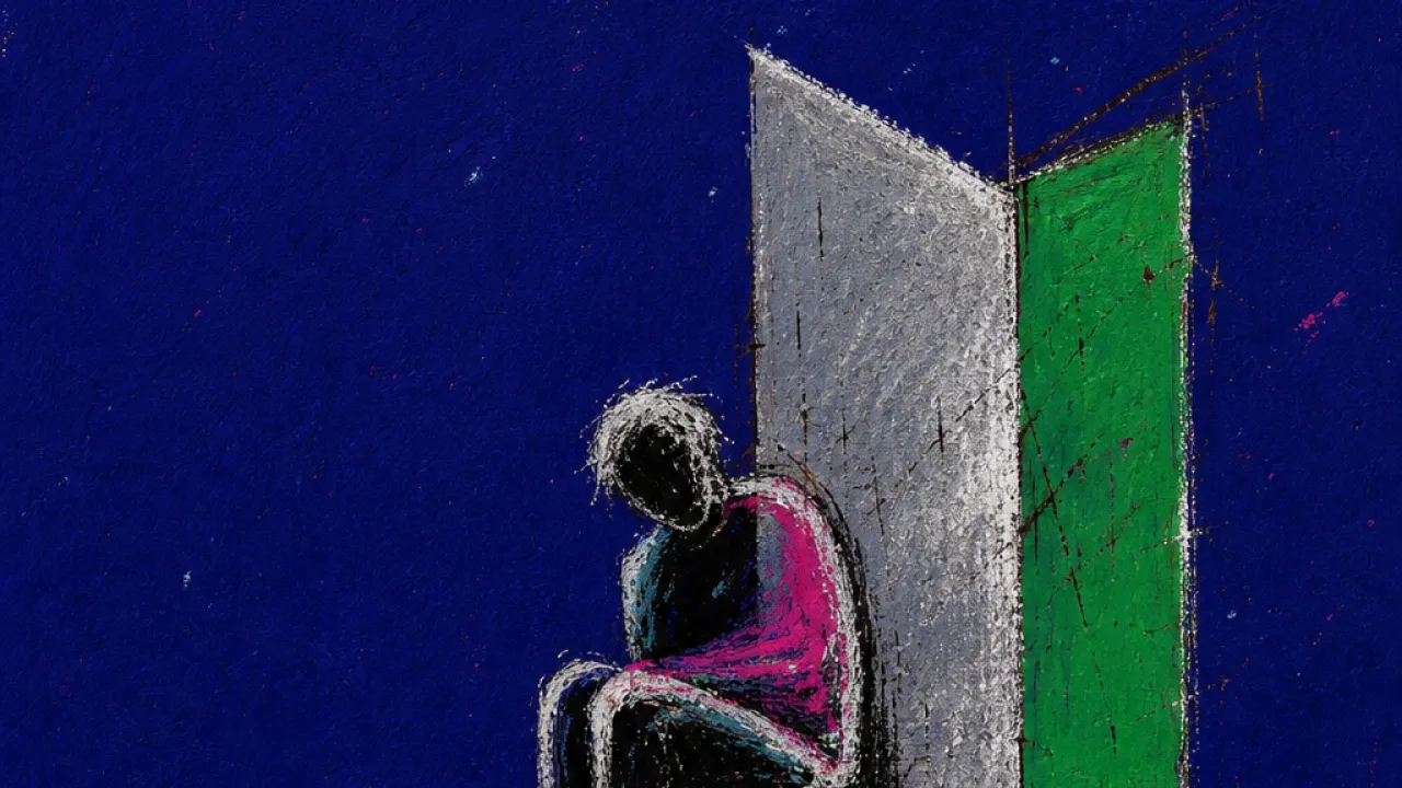 Seated figure with feet above the floor, notification threads around the ankles before an unopened doorway