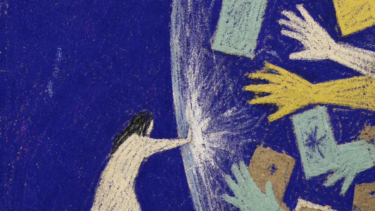 A solitary figure braces one palm against a veil as phone screens and hands press messages and photos into it