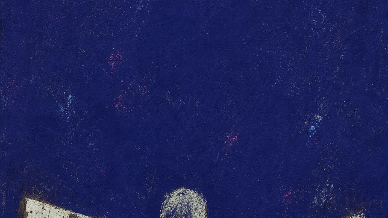 A solitary figure with bracketed shoulders, unseen hands pressing covered rule sheets against skin in deep indigo space