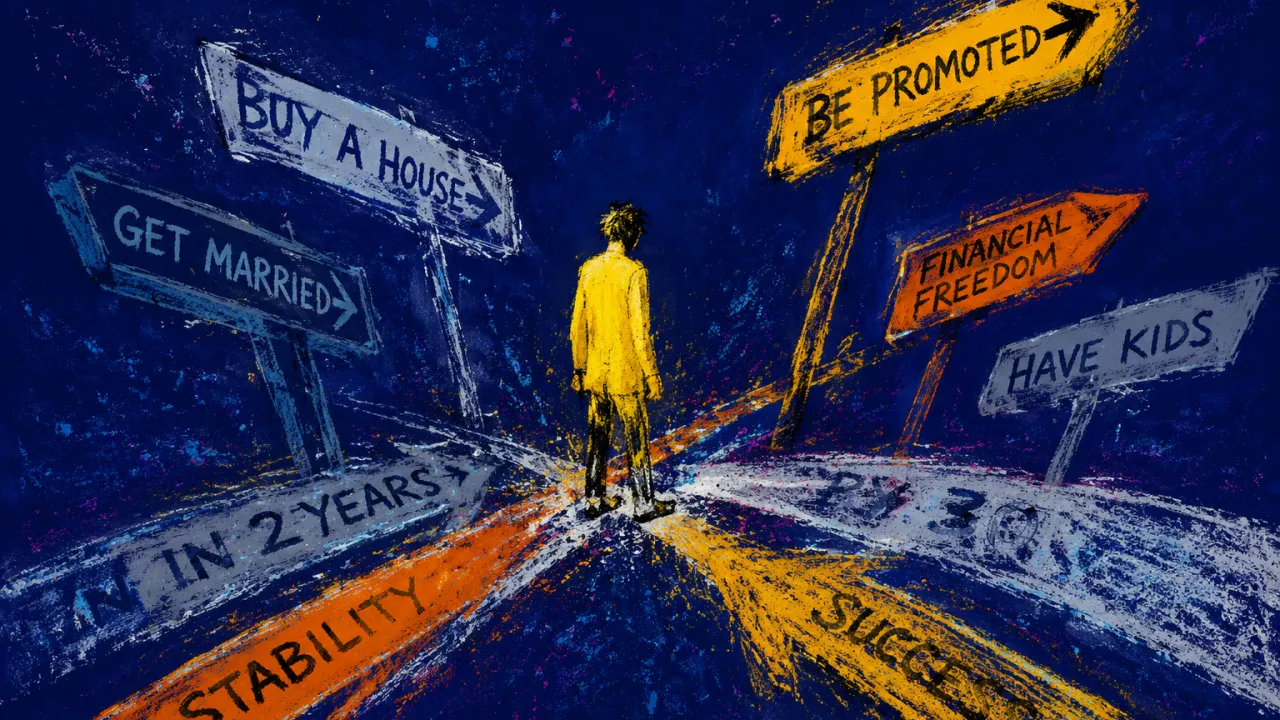 A solitary figure stands with feet fixed at a divided crossing as milestone signs press inward and silver paths bend away.