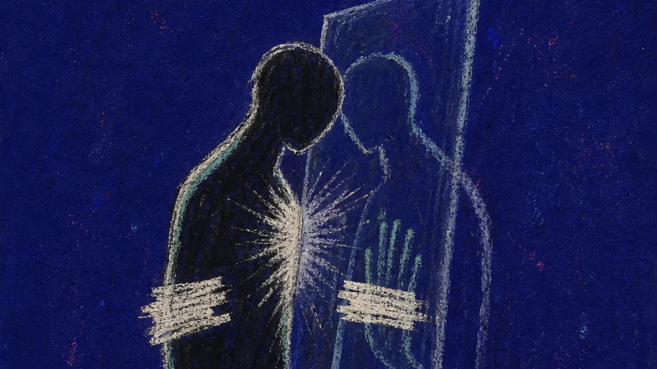 A solitary figure leans toward a nearby silhouette while sealed hands and message bubbles press a clear pane into the chest