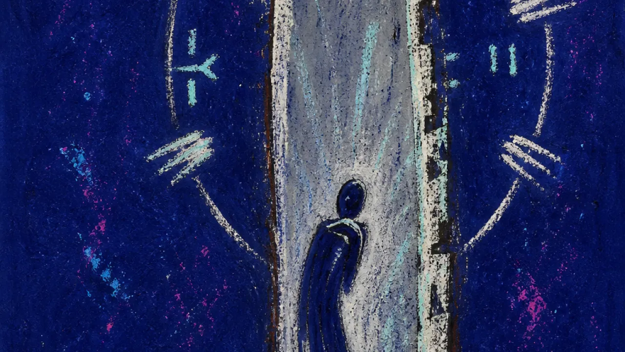 Access narrowing at the doorway A solitary figure paused before a veiled doorway, side-channel hands narrowing the passage into deep indigo space