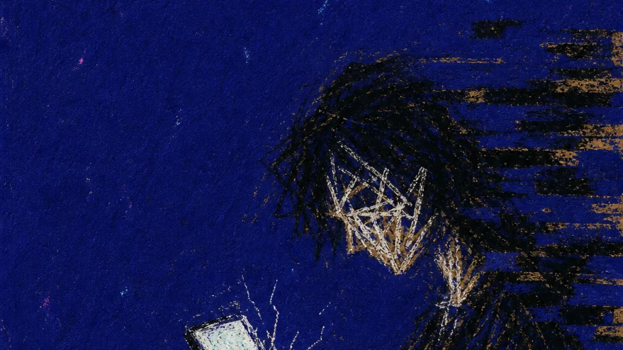 A solitary figure holding a glowing phone while shadowed message trails pass behind a half-closed digital veil