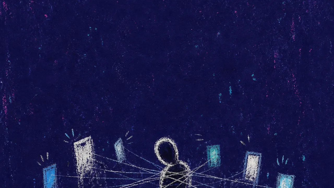 A solitary figure leans into lit phones as pale message lines cross their shoulders in deep indigo space
