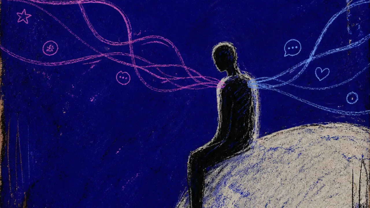 A solitary figure at the edge of a bright circle, thin threads brushing past their shoulders into deep indigo space