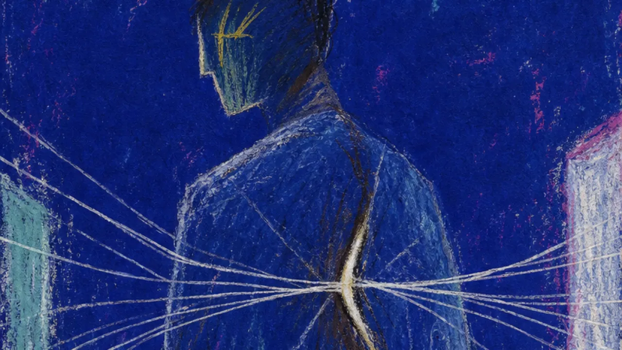 A solitary figure facing an official table while shadowed hands pull paper threads through side doors behind their back