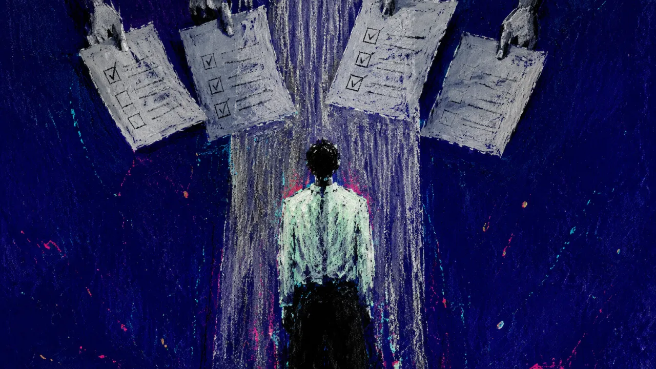 A solitary figure at a veiled threshold, shoulders under suspended documents held by unseen hands in deep indigo space