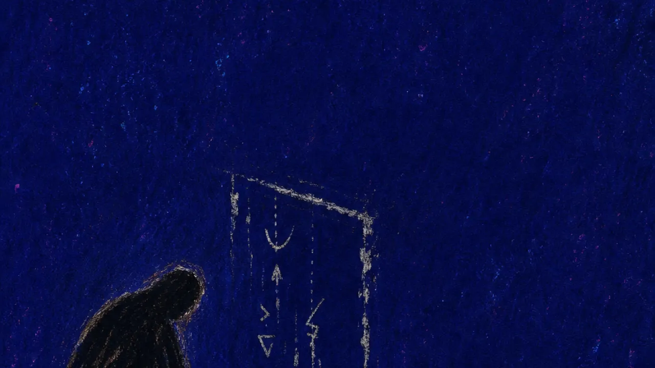 Codes Pulling Behind the Door A figure hunched over a glowing syllabus, fingertips at a sealed doorway as pale codes recede into deep indigo