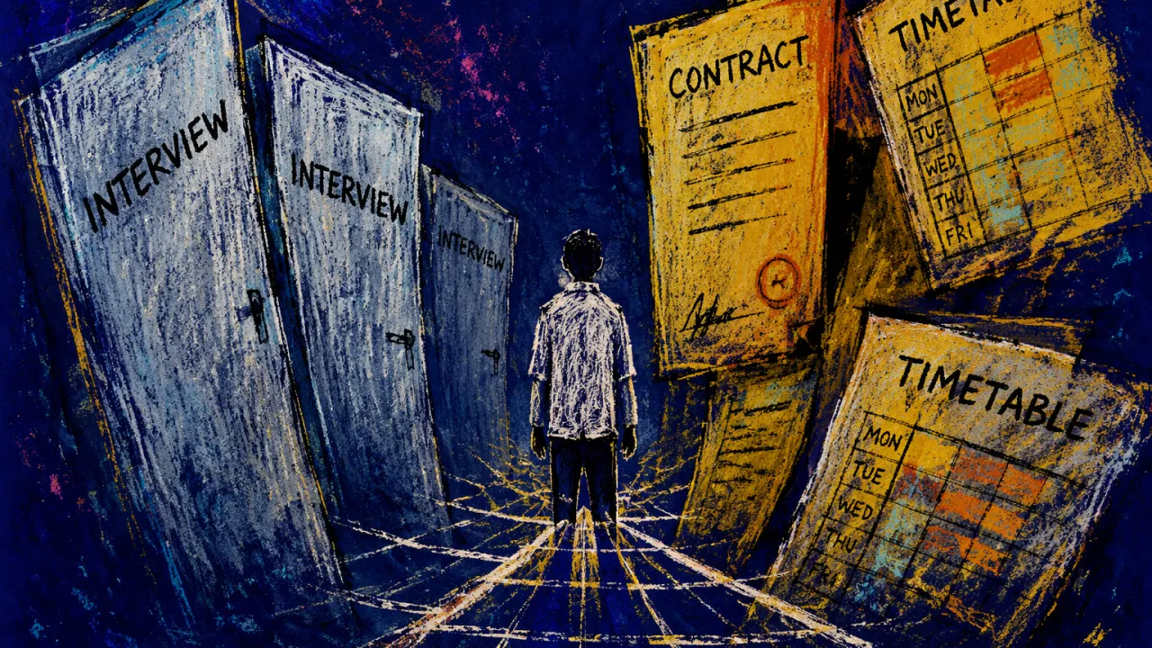A solitary figure stands on a narrowing floor grid as interview doors and timetable panels press inward from both sides.