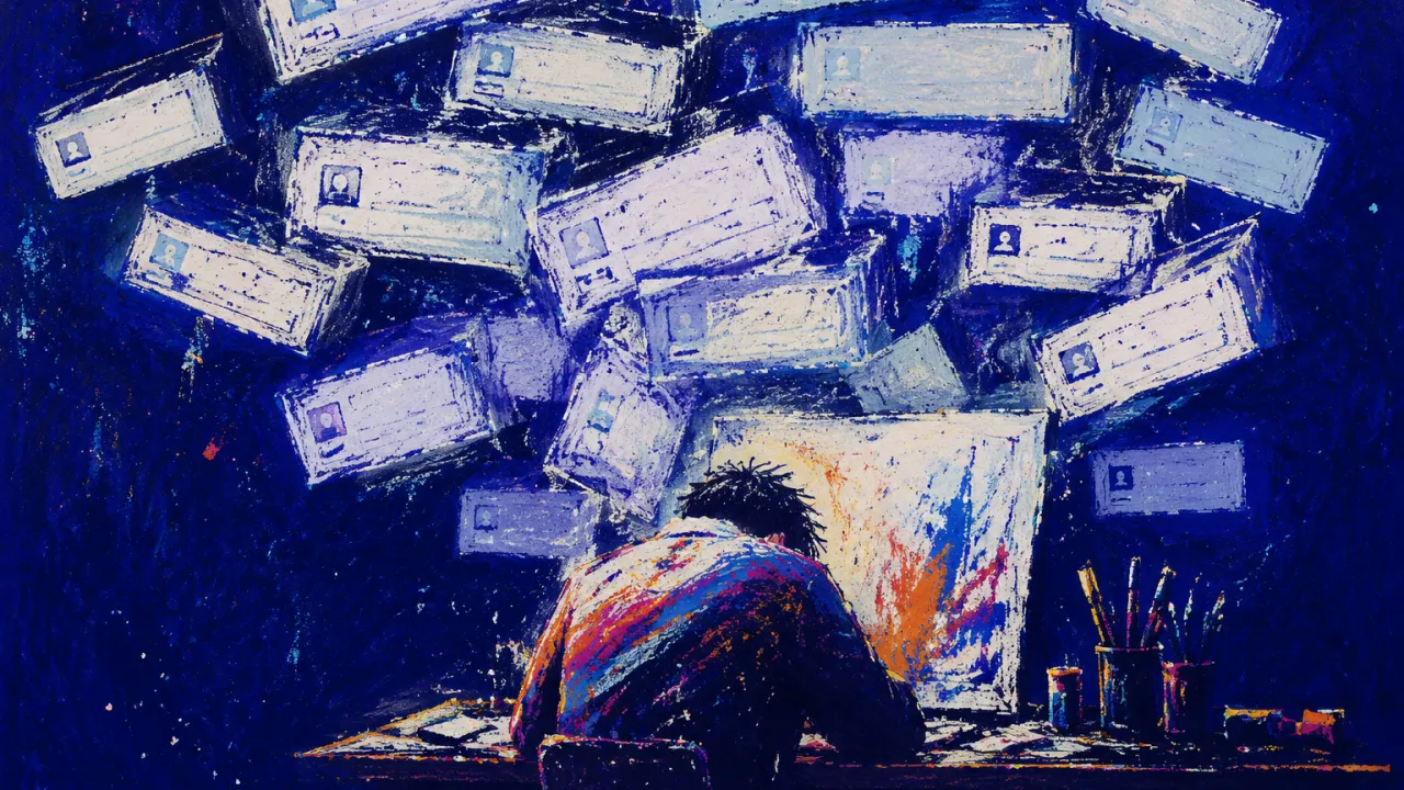 Deadlines Settling Where Guidance Vanished A seated figure with lowered shoulders beneath floating brief fragments and blank feedback boxes crowding an unfinished work.