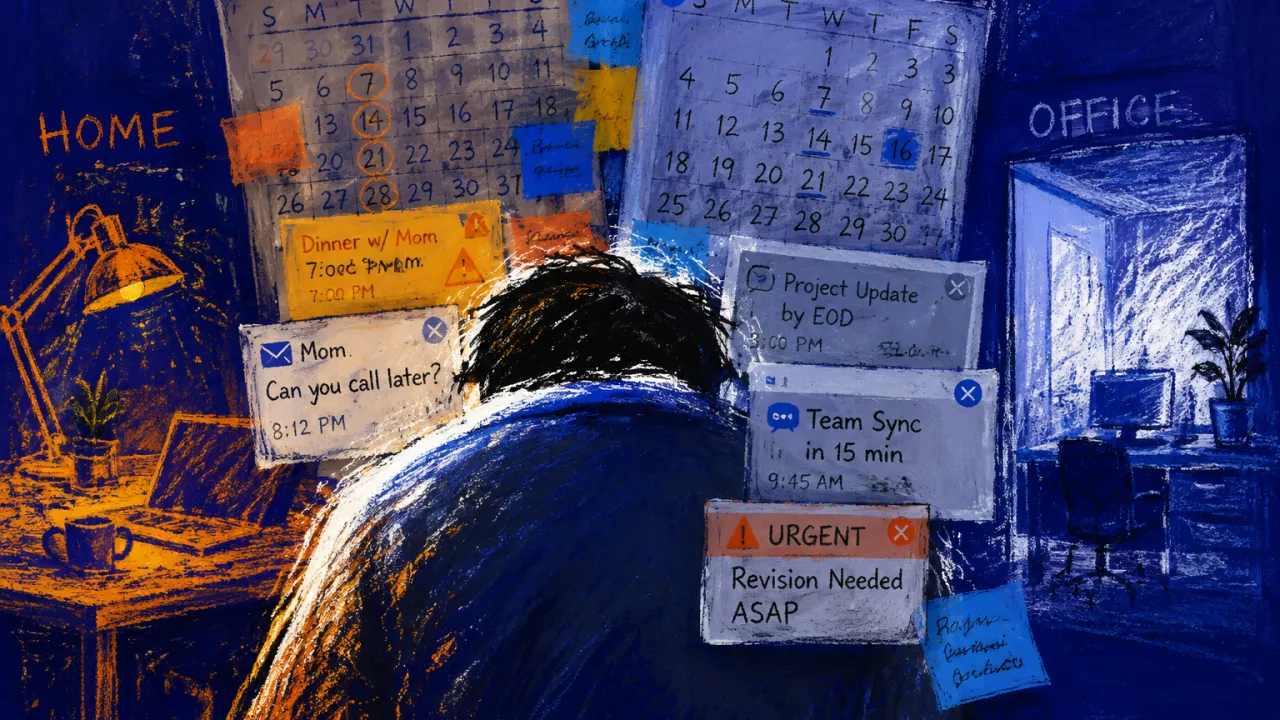 A figure with rounded shoulders as overlapping schedules and message windows settle across the back between two workspaces