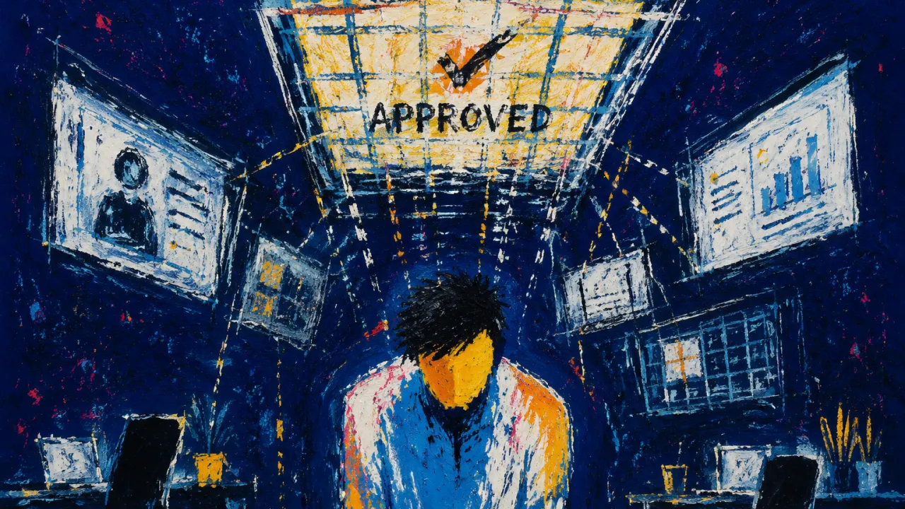 Oversight Narrowing Every Route A figure with lowered shoulders inside an office frame as approval grids settle inward, narrowing the visible paths ahead.