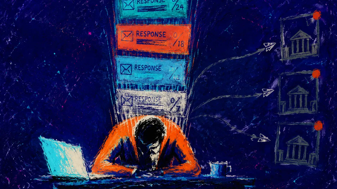 Metrics Settling Over Every Reply A seated figure with lowered shoulders beneath descending response grids, outbound lines ending at empty institutional pauses