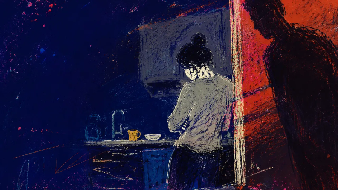 A Shadow Enters, Shoulders Drawn Inward Figure with crossed arms at a kitchen threshold as a shadow enters, red boundaries pressing into cool indigo space.
