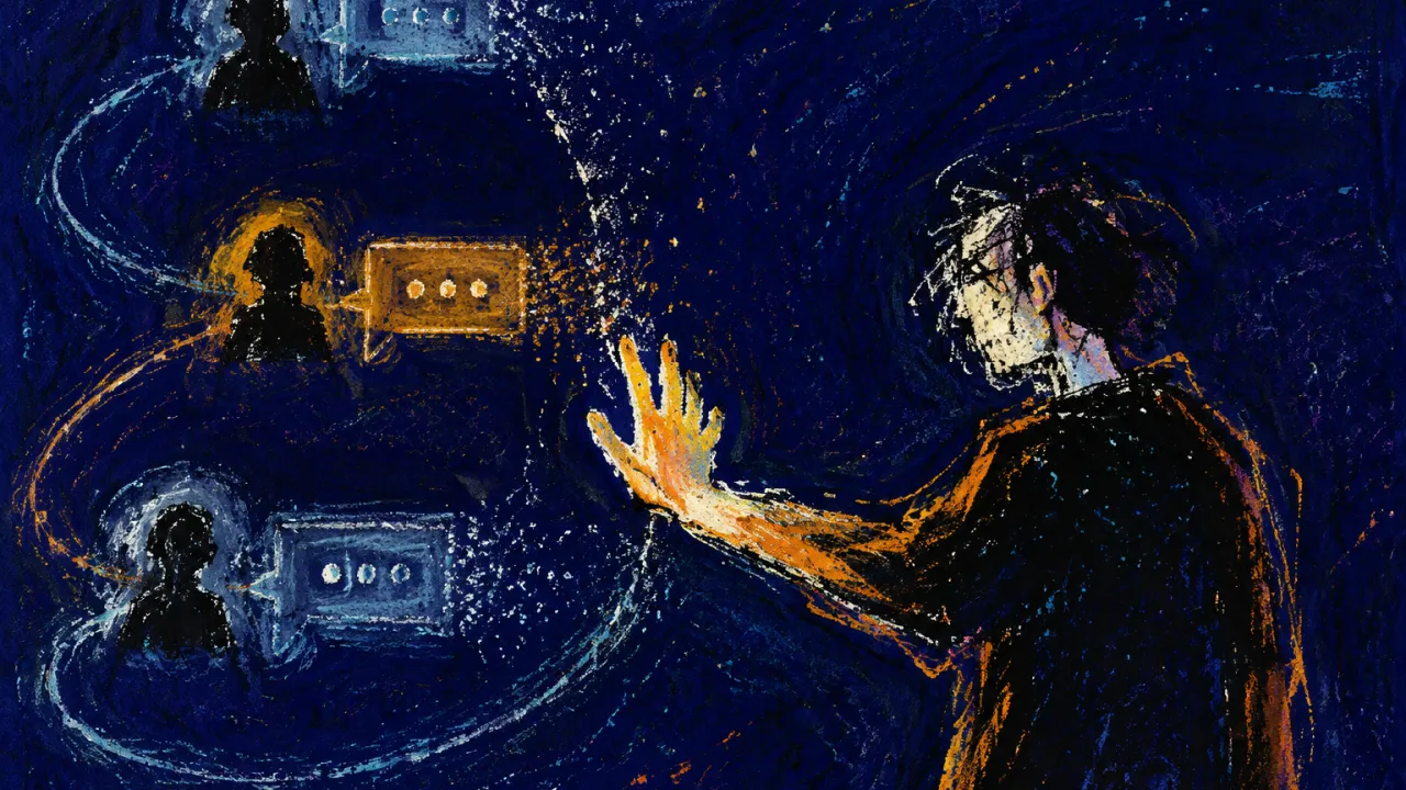 Replies Stop Before Reaching You A figure with open palm across a luminous gap as message lights loop among distant silhouettes and fade before reaching them.