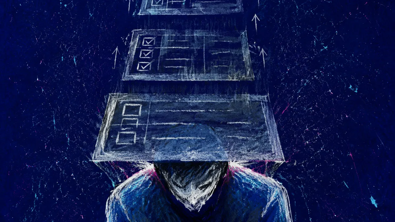 A solitary figure beneath descending office frames, shoulders lowered as completed milestone markers slide upward.