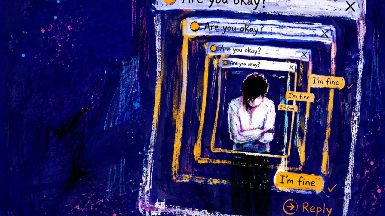 Questions That Keep Closing In A solitary figure with arms held close inside repeating message frames, pale rectangles pressing inward around the torso.