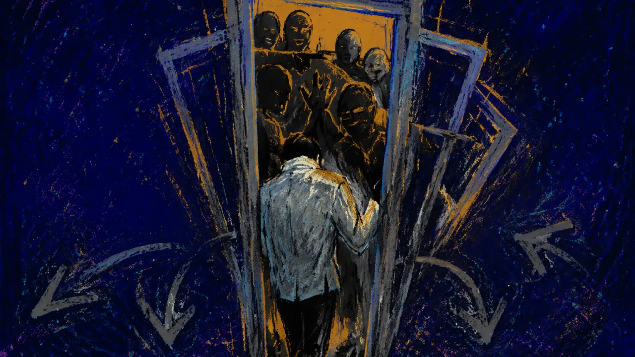 A solitary figure angles their shoulders through a narrowing doorway as overlapping silhouettes crowd every visible path.