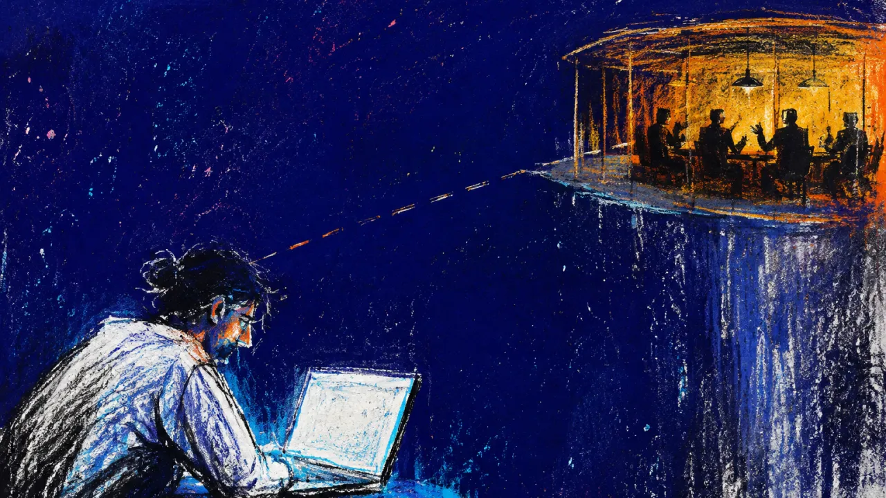 Access Drifting Toward the Office A solitary figure leans toward a laptop, shoulders forward, as warm office light recedes across a cold silver gap.