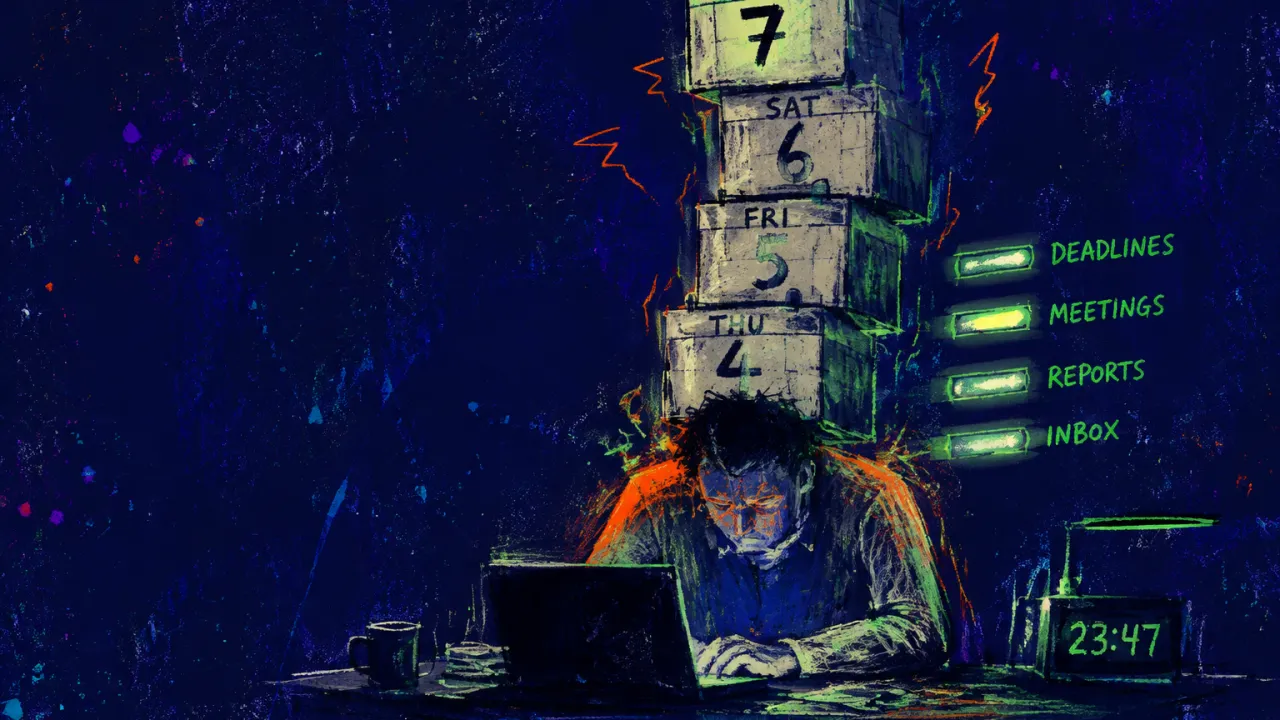 Status Lights Keep Pressing Down A seated figure with lowered shoulders under stacked calendar blocks, green status lights enclosing the rigid desk space.