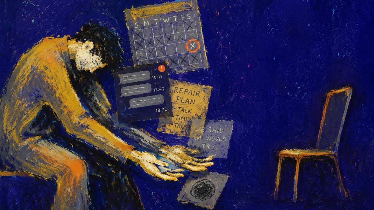 A solitary figure leans over open palms layered with calendars and message threads as an opposite chair recedes.