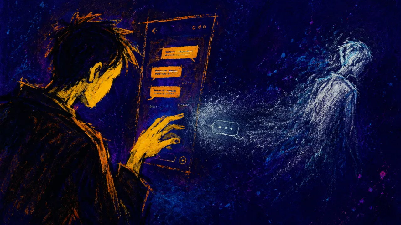 A solitary figure hovers one hand above an open message thread, with a cold silver gap where no reply appears.