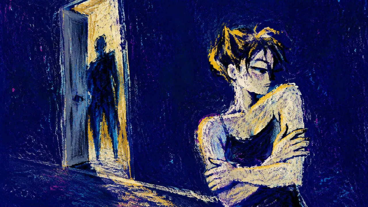 A solitary figure with crossed arms and lowered shoulders as a shadow hovers at an open doorway, silver gaps around its edge.