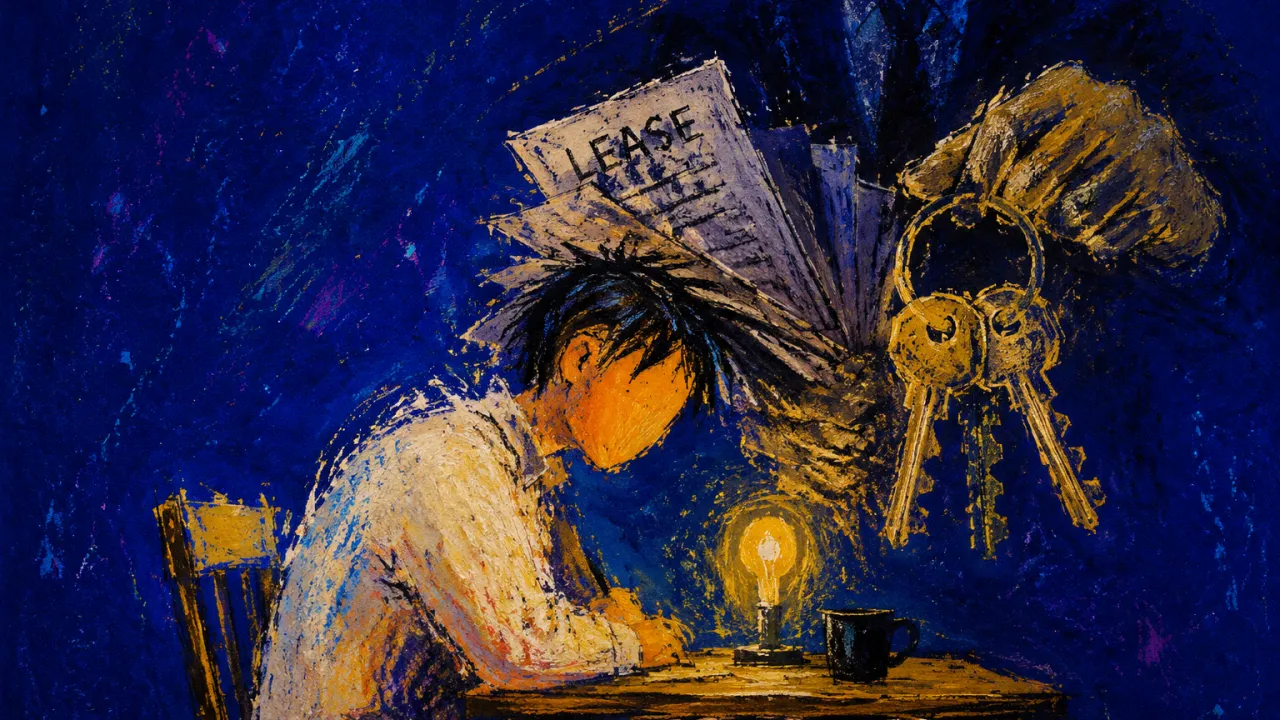 A solitary figure with shoulders drawn inward as a looming shadow, lease pages, and keys narrow the room around them.
