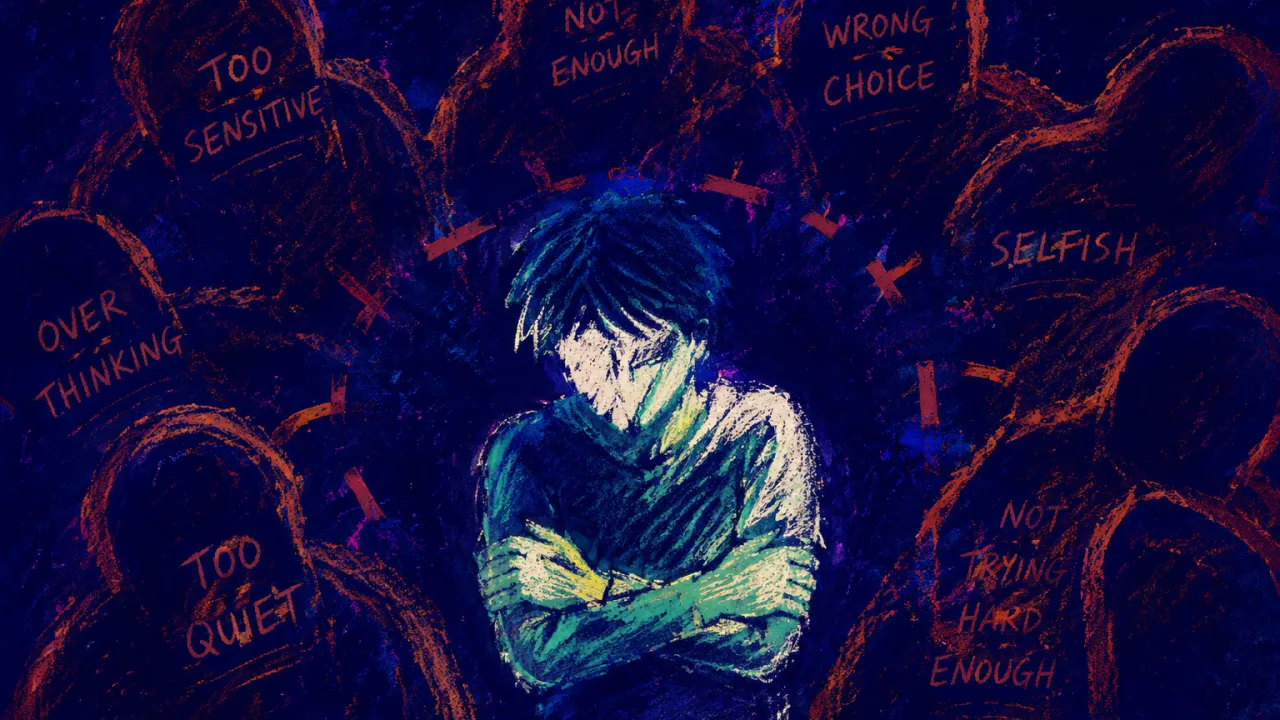 A figure folds both arms across the torso as rust-red silhouettes in older clothes encroach through a deep indigo frame.