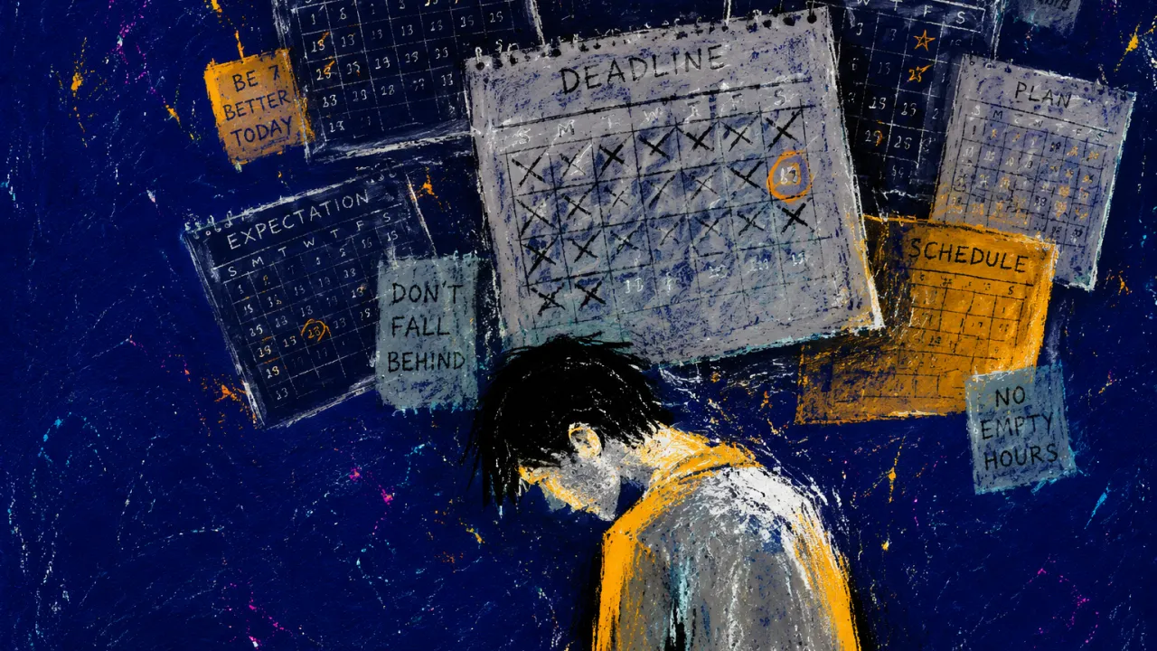 A solitary figure with lowered shoulders beneath a calendar-covered sky, public scorecards settling over open space.