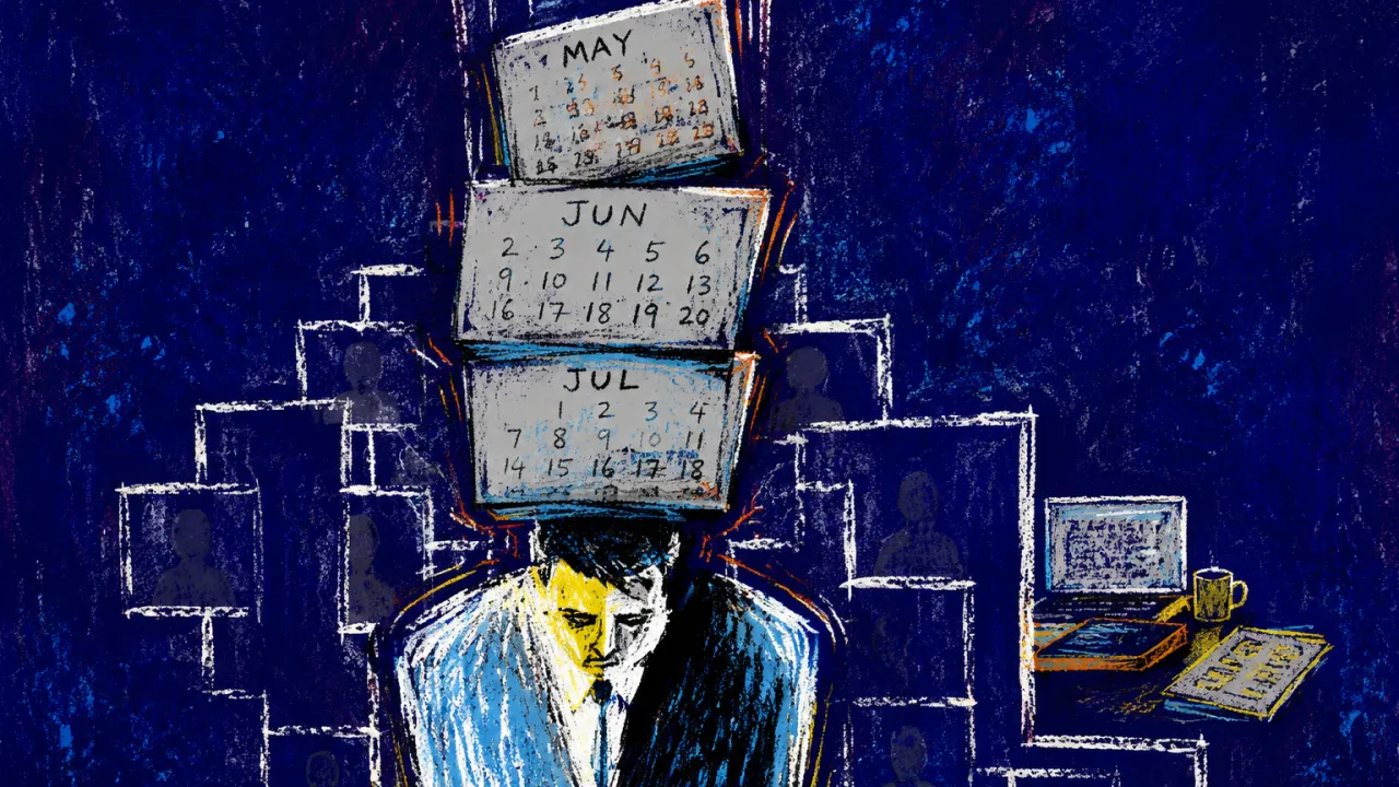 A figure with lowered shoulders stands beneath calendar blocks as org-chart frames narrow around the torso.
