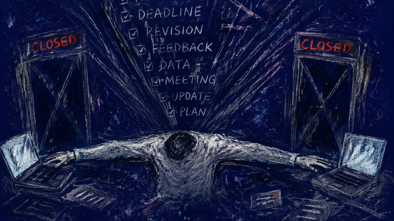 Task lines pressing from every direction A solitary figure with lowered shoulders and extended arms as task lines converge and closed frames narrow the workspace.