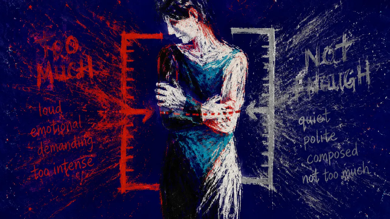 Two Rules Pressing Inward A solitary figure with arms close to the torso as opposing frames press inward, red labels encroaching over indigo space.