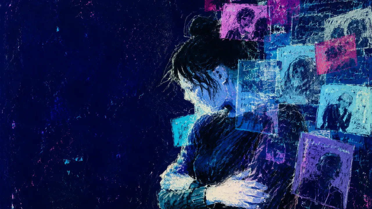 The Past Crowds the Present A figure folds both arms across the torso as translucent photo and message panels overlap behind in cyan and indigo.