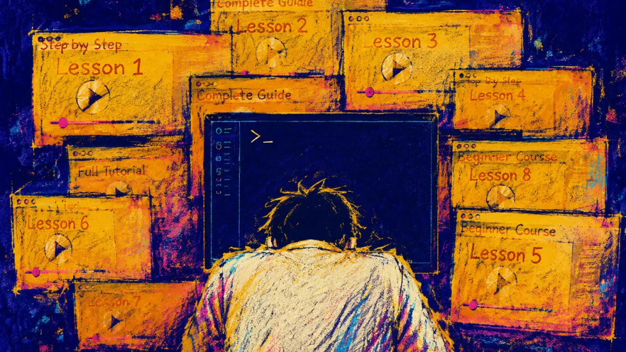 Guided Windows Closing In A seated figure faces a blank screen as stacked lesson windows press inward around lowered shoulders and a narrowing desk.