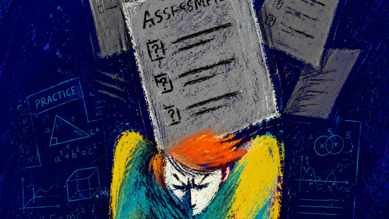 Unfamiliar Criteria Pressing Downward A figure leans beneath descending task panels, shoulders raised, as familiar diagrams fade into the deep indigo background.