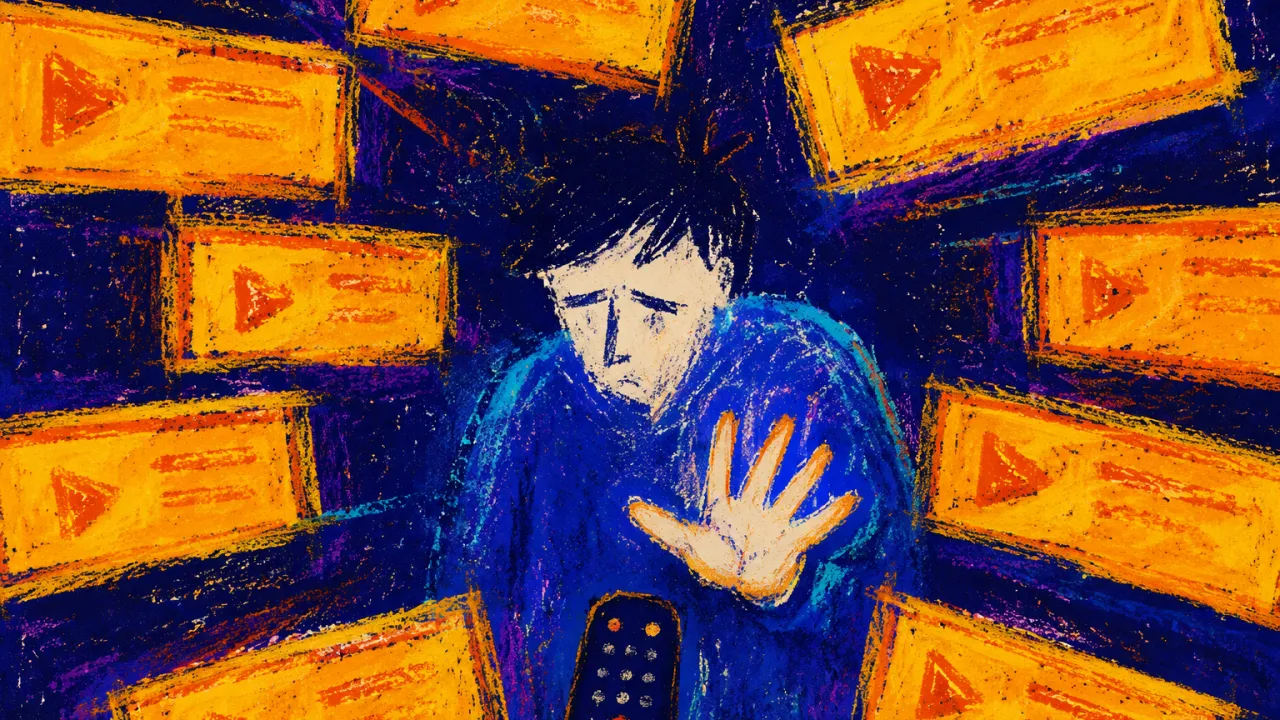 Options Closing In From Every Side A solitary figure with shoulders drawn inward and palm above a remote as recommendation panels close in from every side