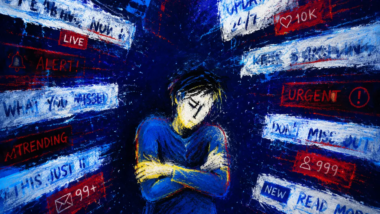 A figure with folded arms as white headlines and red notification panels encroach from every edge of an indigo space.