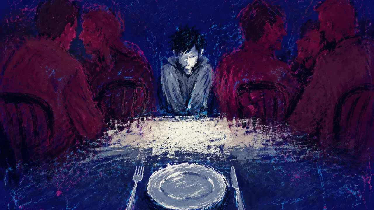 Chairs Closing Around Your Place Figure with shoulders drawn inward as occupied chairs close from both sides, leaving one place setting outside the light.