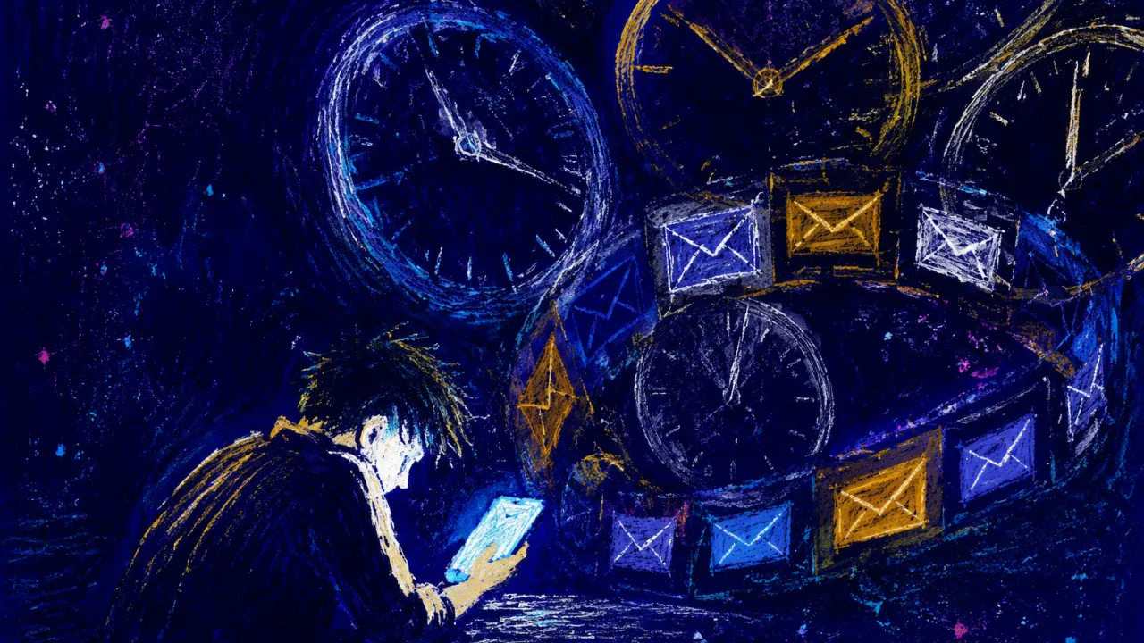 Clocks Press Down on Shoulders A solitary figure with lowered shoulders beside a glowing phone; misaligned clocks press shared hours into a silver gap.