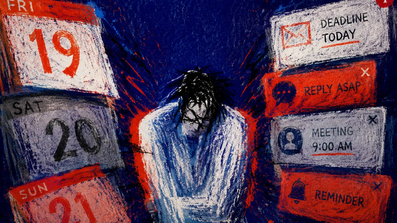 Deadlines Pressing From Both Sides A solitary figure with lowered shoulders between red calendar blocks and silver message windows pressing inward.