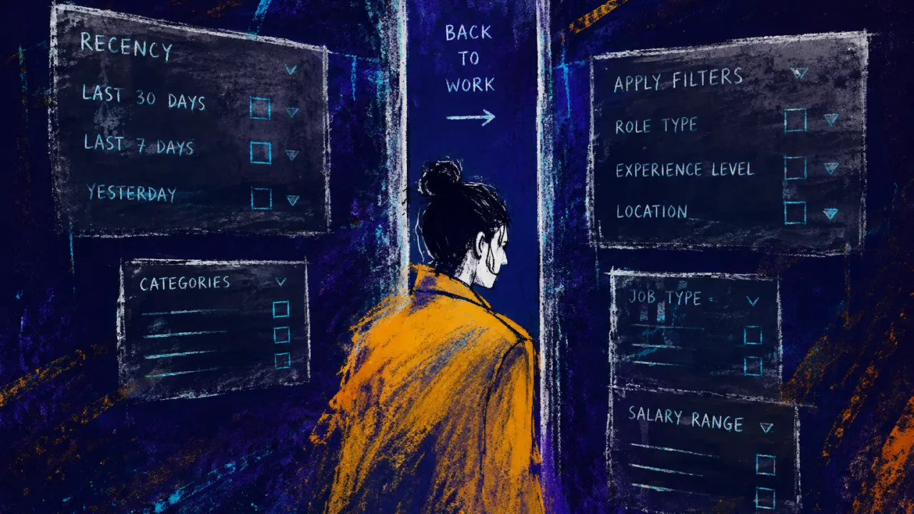 A solitary figure turns toward a narrowing doorway as oversized application fields close in beside both shoulders.