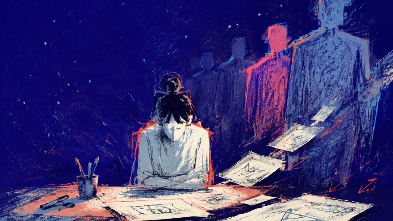 Shadows Moving Signed Work Away A seated figure with shoulders angled inward as shadows move signed designs away and the figure's edges fade into indigo.