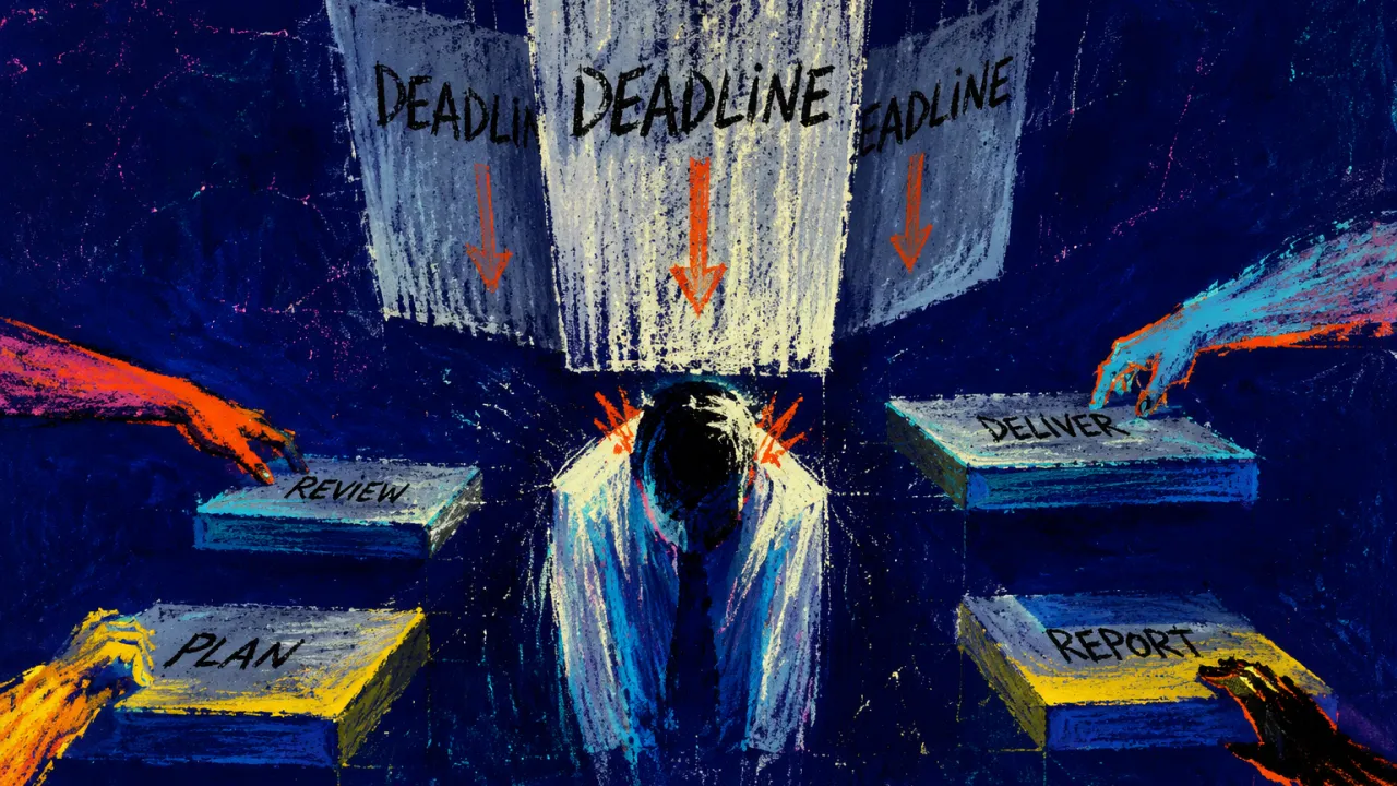 Deadlines Press While Stages Keep Moving A figure stands between staggered platforms, shoulders beneath descending panels as outside hands shift each platform stage.