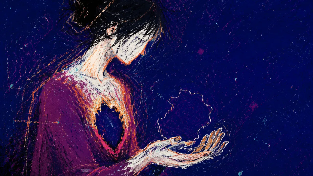 A solitary figure with an open chest glow and empty hands, muted plum shadows holding the outline of something set down